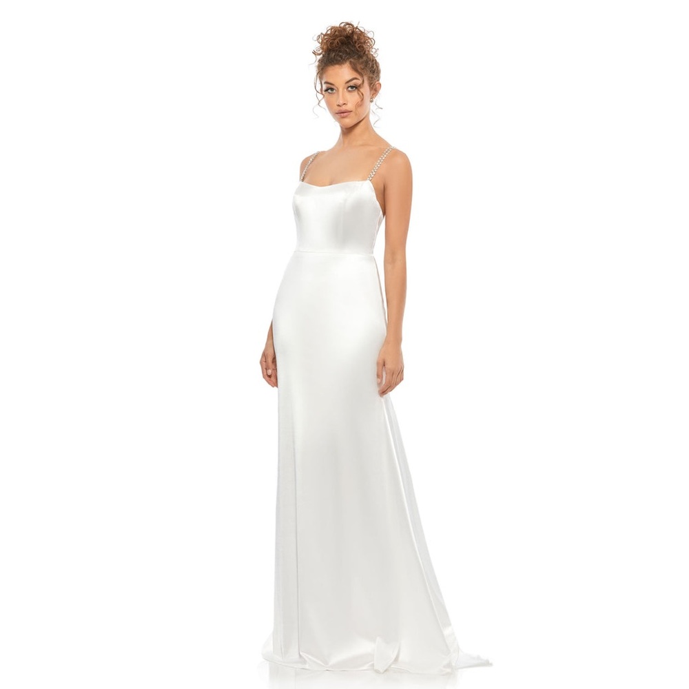 Mac Duggal 12428 Charmeuse Rhinestone Strap Trumpet Gown White NWT Sz 4